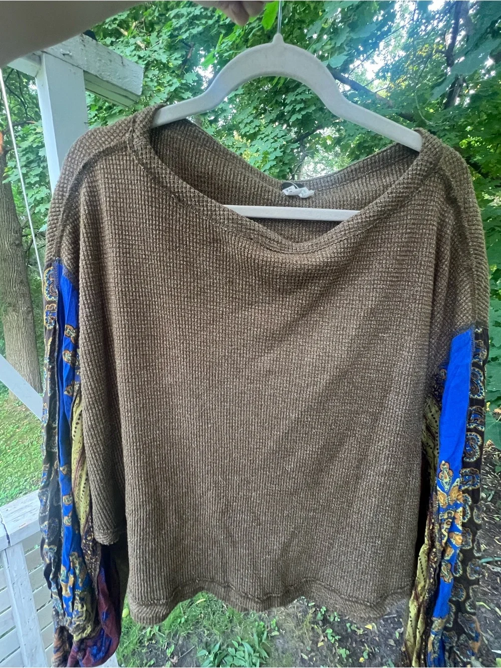 Free People Brown Knit Sweater with Bold Blue Patterned Sleeves